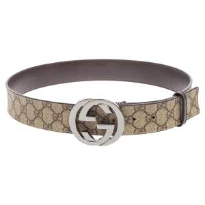 Pre Owned Gucci Beige/Dark Brown GG Supreme Interlocking G Buckle Belt