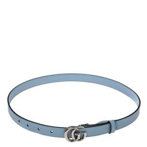 Pre Owned Gucci Light Blue Leather GG Marmont Buckle Belt 80CM