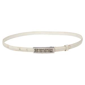 Gucci White Leather Logo Plague Slim Belt 85CM
