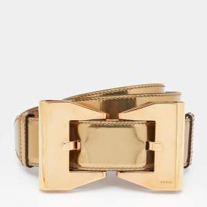 Pre Owned Gucci Metallic Gold Patent Leather Oversized Bow Buckle Belt 85 CM