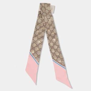 Pre Owned Gucci Beige & Pink Bees GG Print Silk Bandeau