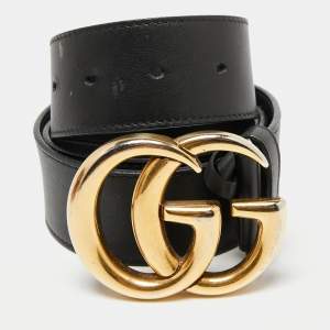 Pre Owned Gucci Black Leather GG Marmont Buckle Reversible Belt 80CM