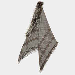 Pre Owned Gucci Brown Monogram Silk Wool Fox Fur Trim Wrap Shawl 