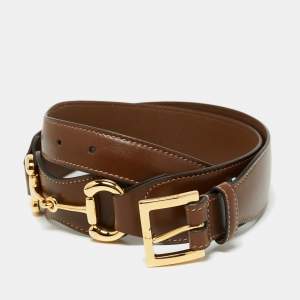 Pre Owned Gucci Brown Leather Horsebit Buckle Belt 85CM
