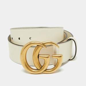 Pre Owned Gucci White Leather  GG Marmont Waist Belt 75CM
