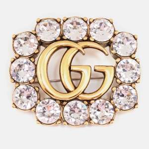 مملوكة مسبقًا Gucci Aged Gold Tone Crystal Double G Pin Brooch 