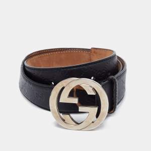 مملوكة مسبقًا Gucci Black Guccissima Leather Interlocking G Buckle Belt 85CM