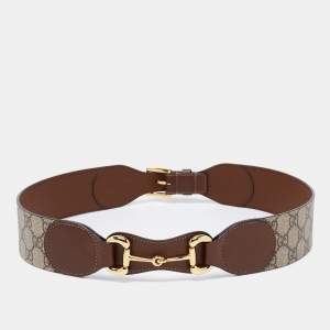 Pre Owned Gucci Brown/Beige GG Supreme Canvas and Leather Horsebit Belt 90CM