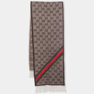 مملوكة مسبقًا Gucci Brown GG Jacquard Wool Fringed Muffler 