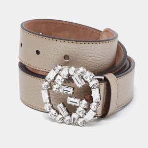 مملوكة مسبقًا Gucci Grey Leather Crystal Embellished Interlocking G Buckle Belt 85 CM