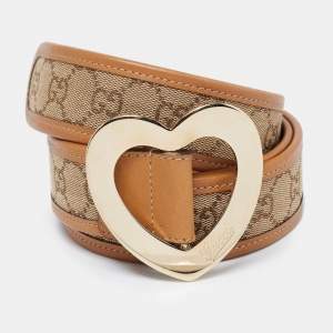 مملوكة مسبقًا Gucci Metallic Beige GG Canvas and Leather Trim Heart Buckle Belt 95 CM
