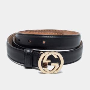 Pre Owned Gucci Black Leather Interlocking G Slim Belt 85 CM