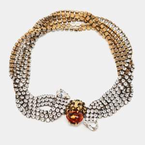 Pre Owned Gucci Multi Strand Crystal Lion Head Choker Necklace S