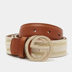 مملوكة مسبقًا Gucci Beige/Tan Nylon and Leather Interlocking G Belt 95CM