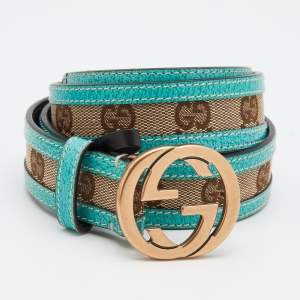 Gucci Beige/Turquoise Blue GG Canvas And Leather Interlocking G Buckle Belt 85 CM