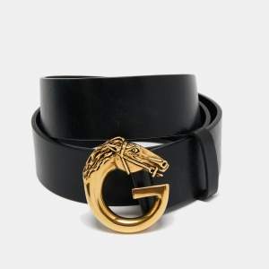 Pre Owned Gucci Black Leather Horse Head G Buckle Belt 90 CM