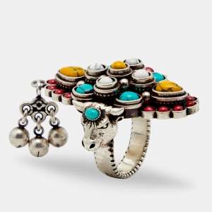 Pre Owned Gucci Aged Sterling Silver Multicolor Beaded Anger Forest Ring Size EU 51