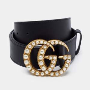 مملوكة مسبقًا Gucci Black Leather Pearl Embellished Double G Buckle Belt 90 CM