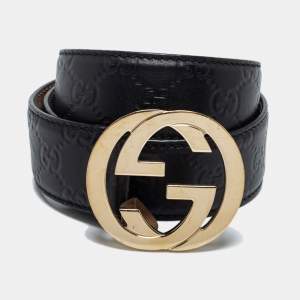 Pre Owned Gucci Black Guccissima Leather Interlocking G Buckle Belt 85CM