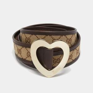 مملوكة مسبقًا Gucci Brown/Beige GG Canvas and Leather Heart Buckle Belt 90CM