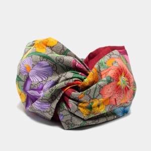 Pre Owned Gucci Beige/Red GG Flora Print Silk Headband