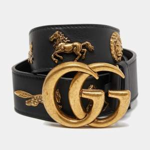 Gucci Black Leather Animal Stud GG Marmont Buckle Belt 85CM