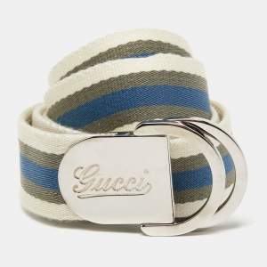 Gucci Multicolor Web Canvas and Leather Logo Buckle Belt 95CM