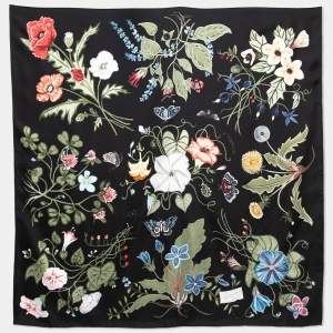 Gucci Black Flora Knight Print Silk Scarf