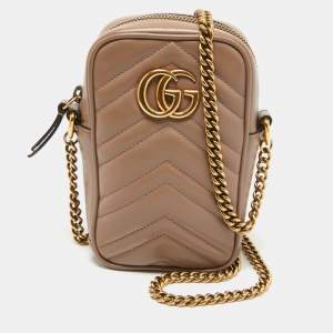 Gucci Beige Matelasse Leather GG Marmont Phone Crossbody Bag