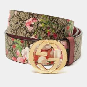 Gucci Beige/Pink GG Supreme Blooms Print Canvas Interlocking G Buckle Belt 75CM