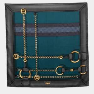 Gucci Teal & Grey Horsebit Print Silk Scarf