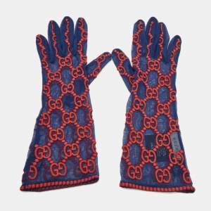 Gucci Blue/ Red Net GG Embroidered Gloves S