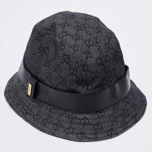 Gucci Dark Grey Logo Jacquard Leather Trim Bucket Hat L