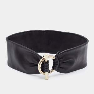 Gucci Black Leather Bamboo Accent Wide Waist Belt Size 65