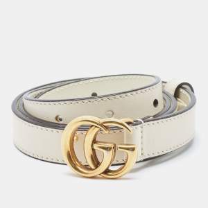Gucci Off White Leather GG Marmont Buckle Slim Belt 90CM