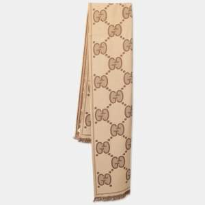 Gucci Beige/Brown GG Jacquard Wool Fringed Scarf