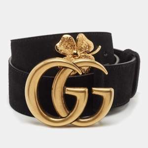Gucci Black Suede Leaf Clover Interlocking G Belt 75CM