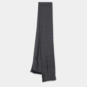 Gucci Charcoal Grey Wool & Silk Logo Monogram Scarf