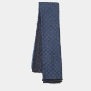 Gucci Navy Blue & Brown Wool & Silk Monogram Scarf