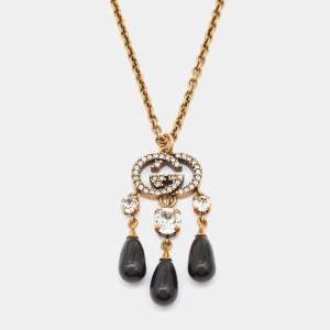 Gucci GG Crystals Resin Gold Tone Pendant Necklace