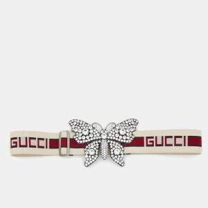 Gucci White/Red Elastic Band Butterfly Crystals Belt 90CM
