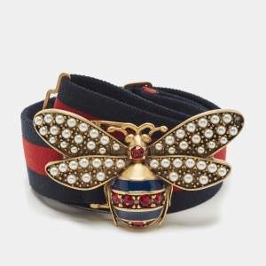 Gucci Navy Blue/Red Elastic Band Queen Margaret Belt 75CM