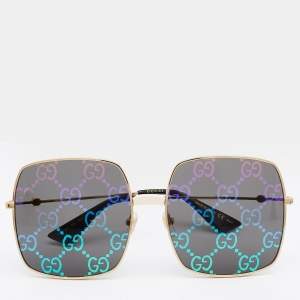 Gucci Guccify Gold Tone/Grey GG0414S Monogram Detail Square Sunglasses
