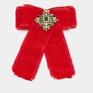 Gucci Red Fabric Embellished Detail Bow Brooch