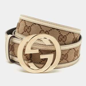 Gucci White/Beige GG Canvas and Leather Interlocking G Belt 90CM
