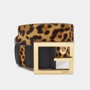 Gucci Beige/Black Leopard Print Calfhair and Leather Wide Buckle Belt 70CM