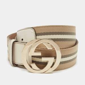 Gucci White/Beige Leather and Canvas Web Interlocking G Buckle Belt 85CM