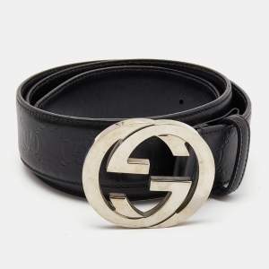 Gucci Black Guccissima Leather Interlocking GG Buckle Belt 90CM