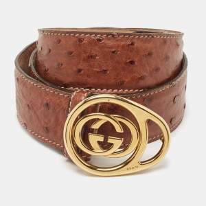 Gucci Brown Ostrich Leather Interlocking G Belt 90CM