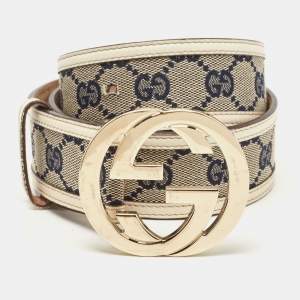 Gucci White/Blue GG Canvas and Leather Interlocking G Buckle Belt 85CM